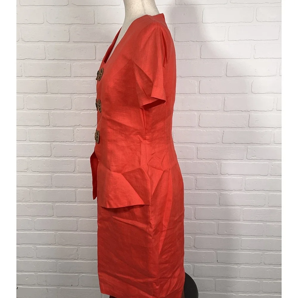 Donna Morgan Maggy Dress Women 8 Orange Linen‎ Beaded Toggle Peplum Midi USA
